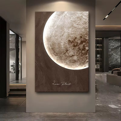 Moon lamp painting showing lunar details with lights on 