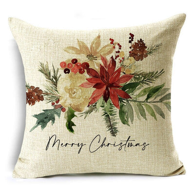Beige pillow with watercolor-style red and white flowers, pinecones, and berries, featuring “Merry Christmas” in cursive—perfect for festive home decor.
