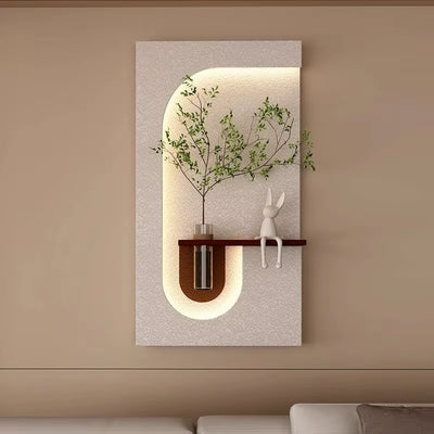 "Minimalist LED wall panel with botanical vase and rabbit figurine"  
